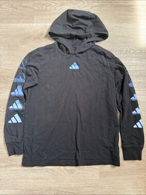 Adidas Black Long Sleeve Hood Light Blue Logo Accents Boys Medium 10/12